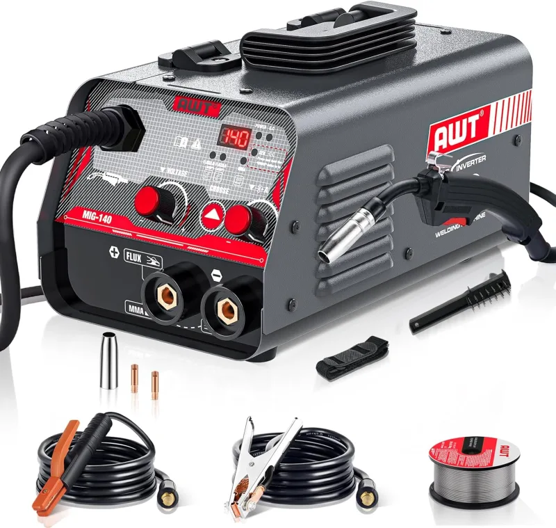 AWT MIG Welder 140 Amp Flux Core MIG Welder/Stick 2 in 1 110V Welder Machine with Synergy IGBT Inverter Portable Gasless Welder Equipment