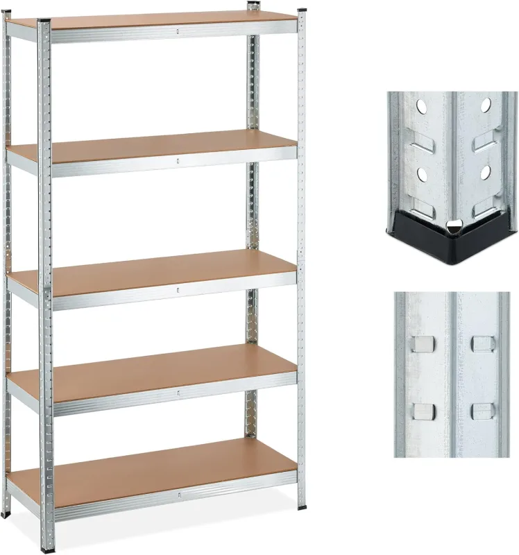 Relaxdays Heavy Duty Metal Shelf, 5 Shelves, 180x100x40 cm, Holds up to 1250 kg, Basement, Workshop, Silver