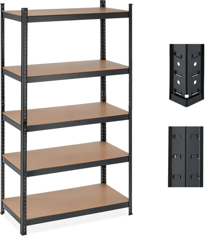 Relaxdays Heavy Duty Metal Shelving Unit, 5 Shelves, 180 x 100 x 50 cm, Resists 1250 kg, Basement, Workshop, Garage, Black
