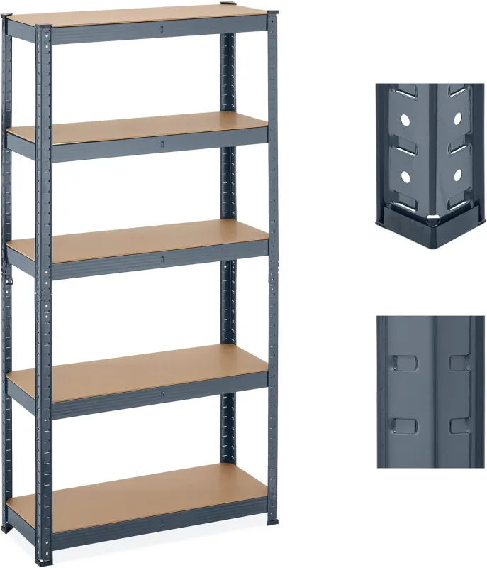 Relaxdays Metal Shelving Unit 5 Shelves, 150 x 75 x 30 cm, 875 kg, Heavy Loads, Basement, Workshop, Garage, Anthracite