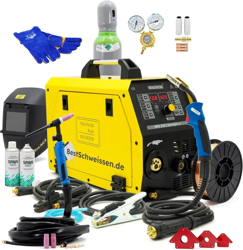 MIG MAG Welder with Gas Without Gas MAGNUM 210L – MIG 200A Wire Welder – TIG Welder Torch SR-17V 4 m – Inverter Welder TIG MMA – Complete Kit Bottle Helmet Magnetic Squares (Set 2)