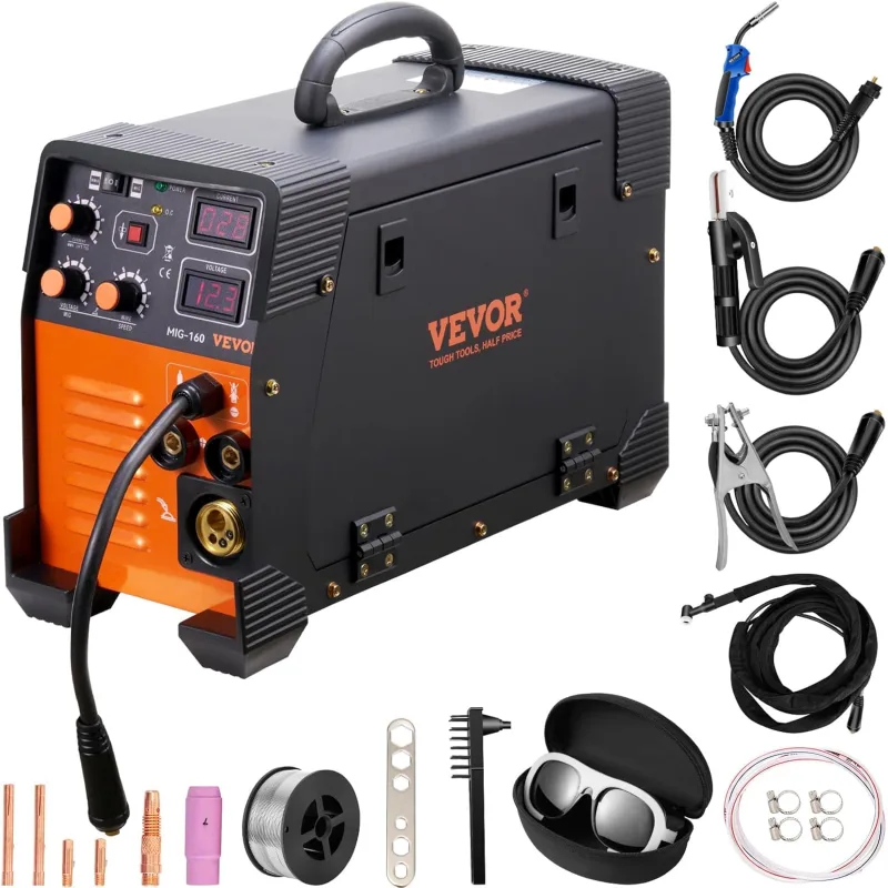 VEVOR Welding Machine 3 in 1 Inverter Welder 50-160 A Welder MIG-160 MIG MMA TIG Digital Display 2.2-12m/min Cable Thickness 0.6mm, 0.8mm, 1mm for Welding Alloy, Steel, Iron