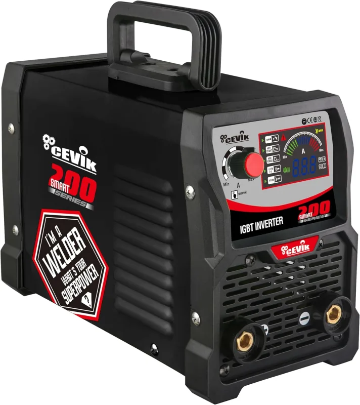 CEVIK PRO CE-SMART200 - MMA Inverter Welder with Welding Mask and Electrode Holder-200A 40% 230V -Electrodes up to 5 mm - LED Display - Connectable to Generator - Portable Professional Welding Machine