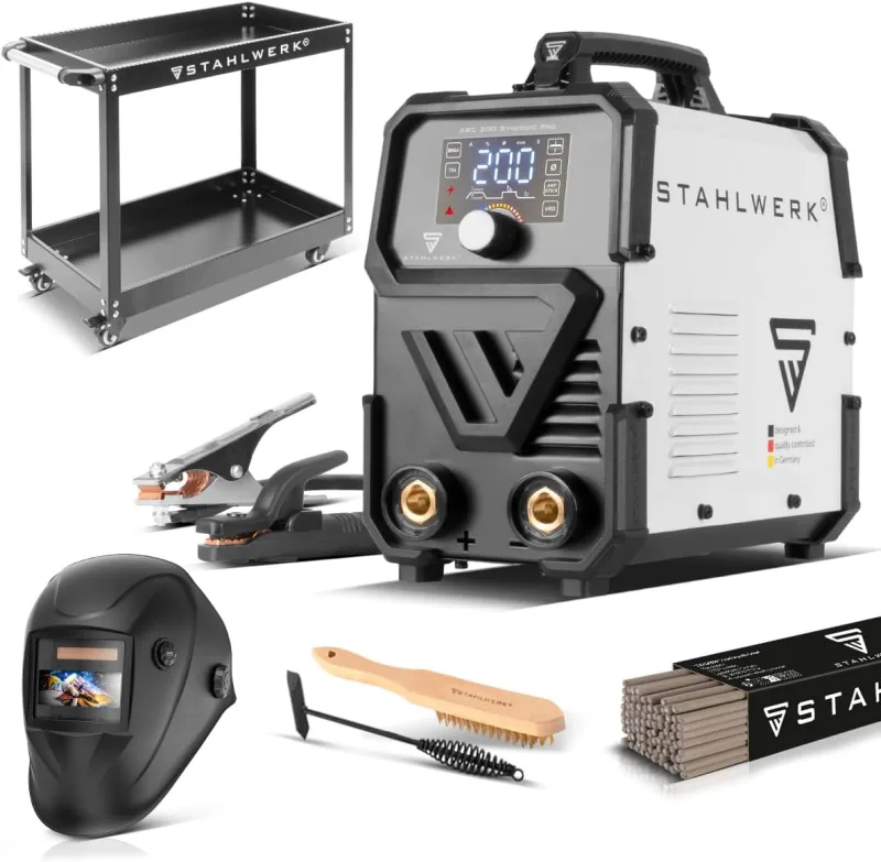 STAHLWERK Soldadora de electrodos ARC 200 Synergic Pro Digital – Equipo completo con carro – MMA (Electrodo) hasta 200 A, soldadura sin gas protector, Inverter Lift-TIG, Hotstart, función Antistick