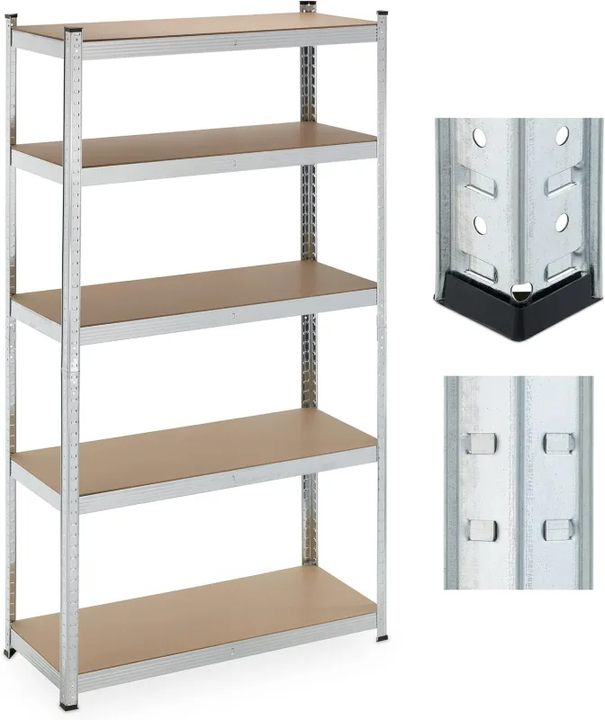 Relaxdays Heavy Duty Shelving 5 Shelves 180 x 100 x 40 cm, up to 500 kg, Steel, Basement and Garage Shelf, Silver