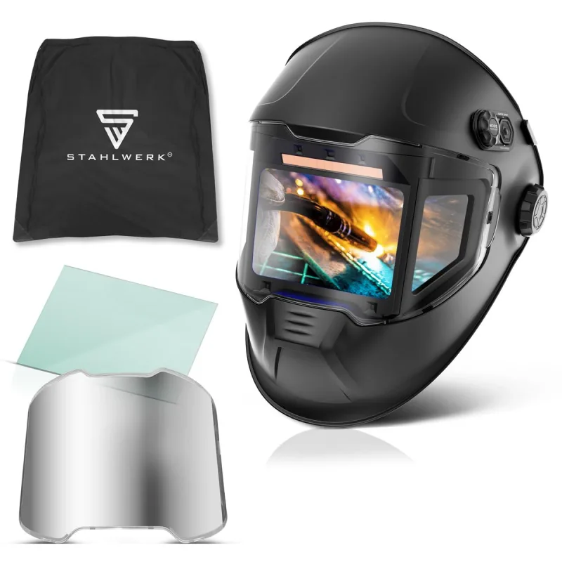 STAHLWERK SPLIT 3-in-1 Automatic Welding Helmet, True Colour, Auto Darkening DIN 4-14, Optical Class 1/1/1/1, Work Memory, Field of View 180° 116 x 81 mm, Mask