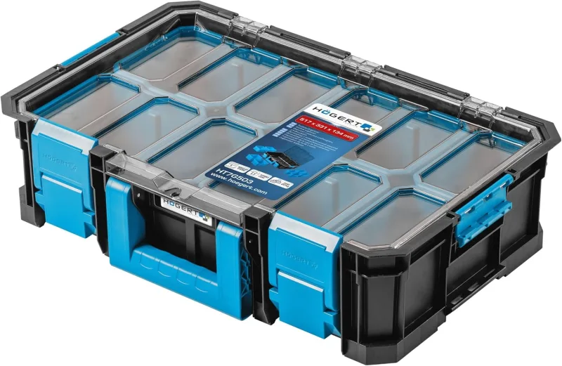 Högert Technik - Organizer con Tapa de Policarbonato y Compartimentos HT7G503, Caja de Herramientas, Carga hasta 20 kg, Resistente a Daños, Prueba Polvo, Cierres Robustos ABS, Construcción Modular