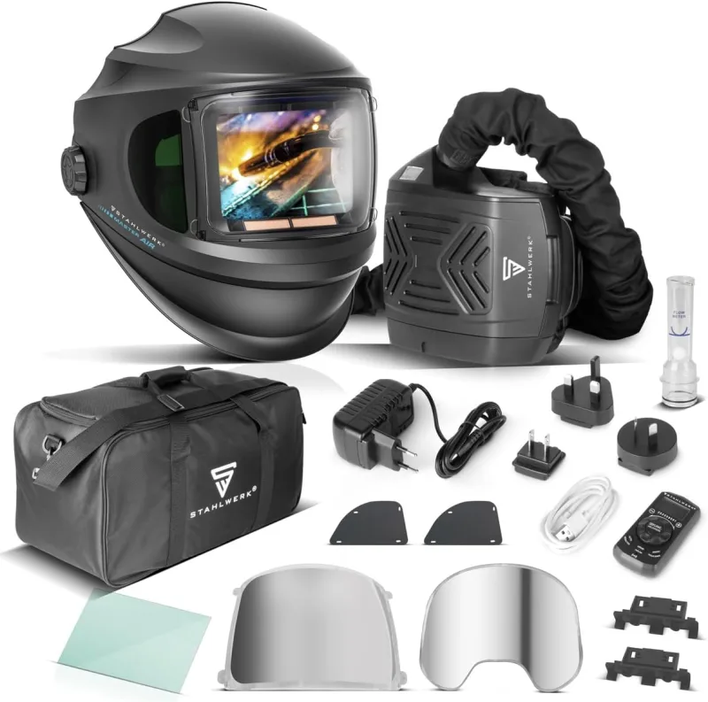 STAHLWERK Master Air 3 in 1 Automatic Welding Helmet with Fresh Air Intake Bluetooth Function Control True Color Reproduction Dimming DIN 4 to DIN 14 Optical Class 1