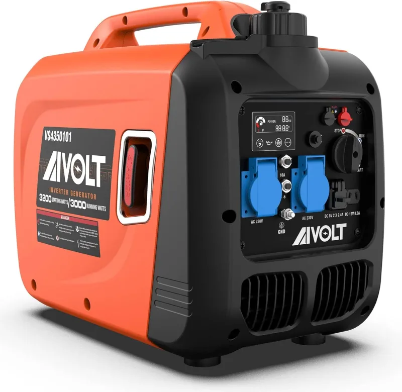 AIVOLT Generador Inverter Silencioso de Gasolina 3200W con 2 Salidas de CA 230V, DC 120V y 2 USB Type-A Generador Eléctrico de 3,5L Tanque para Camping, Exterior, Casa, Caravana