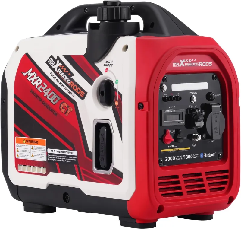 maXpeedingrods Gasoline Electric Inverter Generator 2000W Only 15 kg, with Bluetooth® App Data Monitor with USB and 230V Outlets for Camping, RV and Festivals