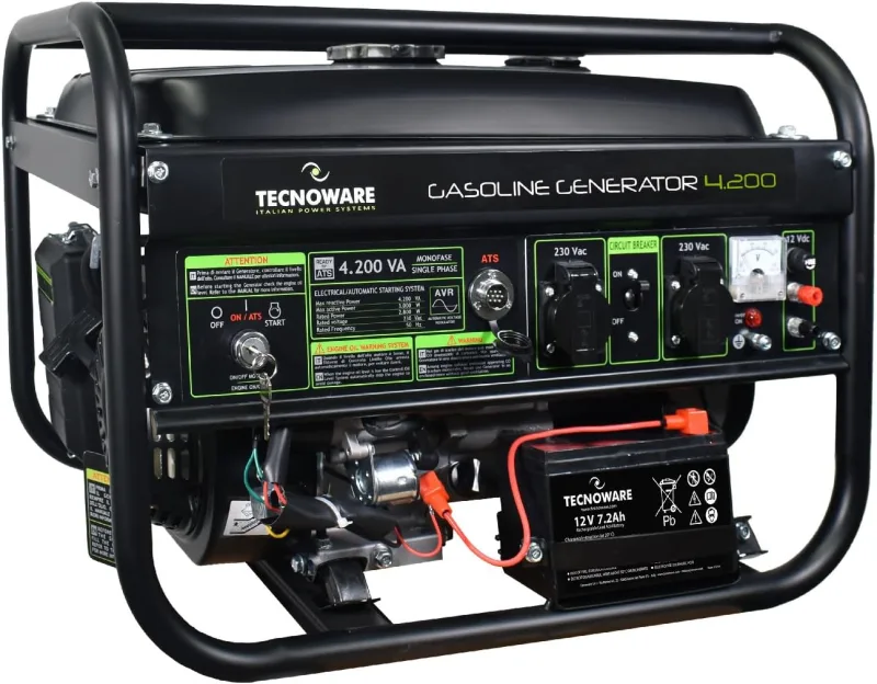 Tecnoware Power Systems - Generador de Corriente 4200 VA, Motor Gasolina 4 Tiempos, Arranque Eléctrico y Manual, Depósito 15L, Compacto y Portátil, Ideal para Camping y Construcción