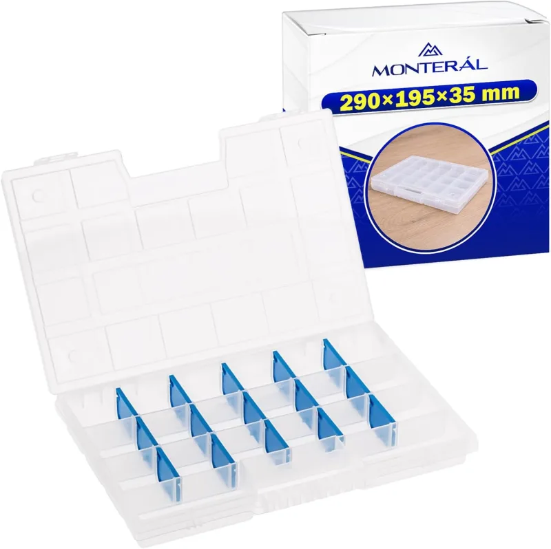 MONTERAL Universal Caja Organizadora Plastico 290x195x35 mm Tiene Entre 5 y 22 Compartimentos para Guardar Cosas - Organizador Tornillos Está Fabricado Polipropileno - Garantía de 10 Años
