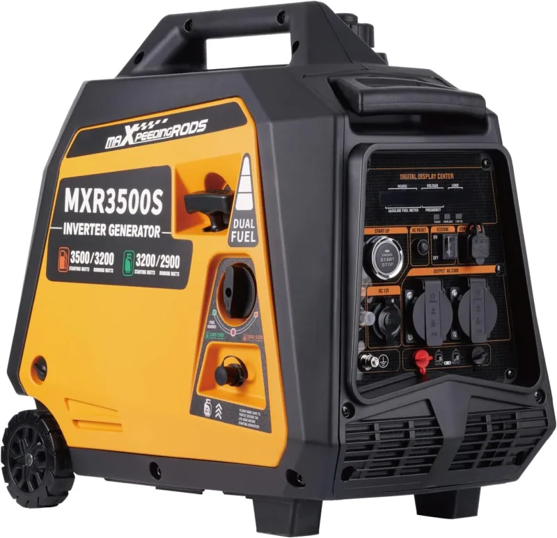 maXpeedingrods Generador Electrico GPL Gasolina 3500W Silencioso con Mado Distancia Generador Inverter de Gas Arranque Eléctrico Remoto con USB y Tomas de 230V Digita para Camping Garaje Viaje