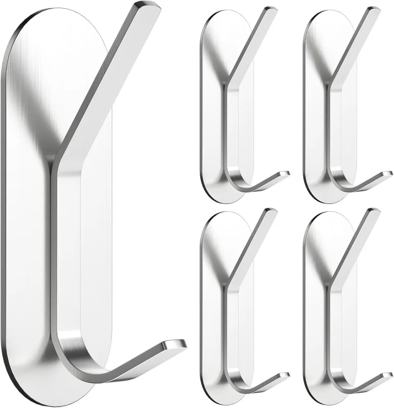 Alyvisun 5 Pieces Adhesive Hooks for Wall, Stainless Steel Heavy Duty Adhesive Hangers, No Drilling Wall Hooks, Towel Hanger for Bathroom Kitchen Wardrobe (Silver)