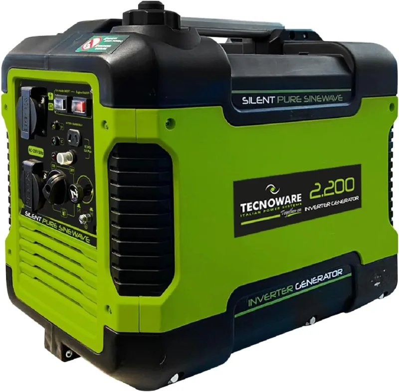 Tecnoware Power Systems - Portable Electric Generator 2200VA, Silent Inverter 58dB, 4-Stroke OHV Engine, Eco Speed Control, 2 Schuko Sockets, Inverter Gasoline Generator, Green, 2200 VA