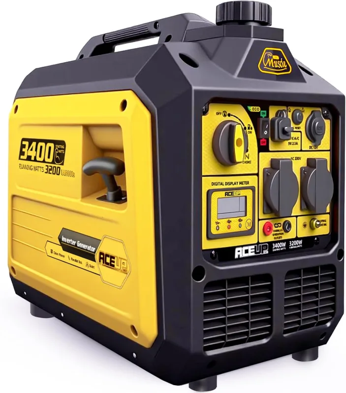 Aceup Energy - 3400W Portable Inverter Generator, Pure Sine Wave Generator Petrol Powered Quiet for Home, Camping, RV, EURO-V, CE