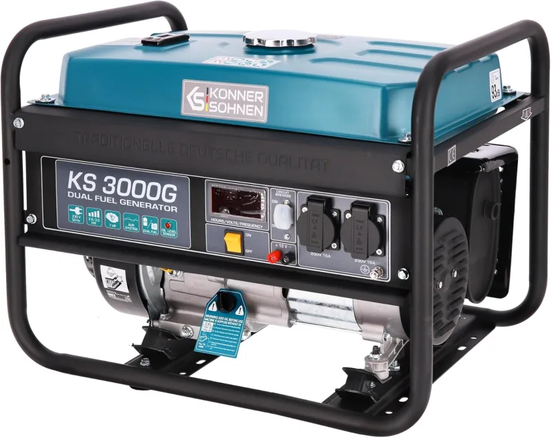 Generador de doble combustible (gasolina y gas) KS 3000G, generador electrico gasolina 3000 W, 2x16A (230 V), 12V, generador 4 tiempos con (AVR), indicador de aceite, protección ante sobrecargas