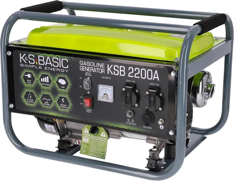 Generador de gasolina KSB 2200A con la potencia de 2200 W, arranque manual, regulador automático de voltaje (AVR), voltímetro, 2 x Schuko 230 V, salida 12V, alternador con bobinado de aluminio