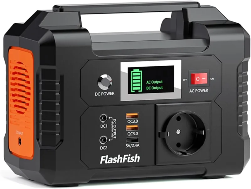 FlashFish estacion de energia portatil 200W, 151Wh Generador Solar, Salida de CA de 230V, Batería de Emergencia, Generador Electrico Portatil para Acampar, Aventuras y Emergencias