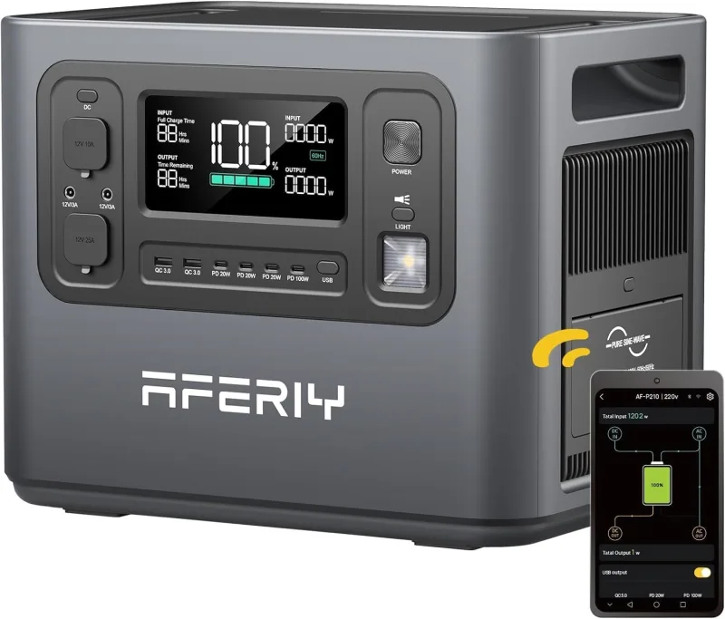 AFERIY Estacion de Energia portatil 2400W Generador Electrico Solar 2048Wh Portable Power Station LiFePO4 Generadores Solares para Camping Hogar Viajes Emergencias, 13 Conectores, 230 V Sinusoidal