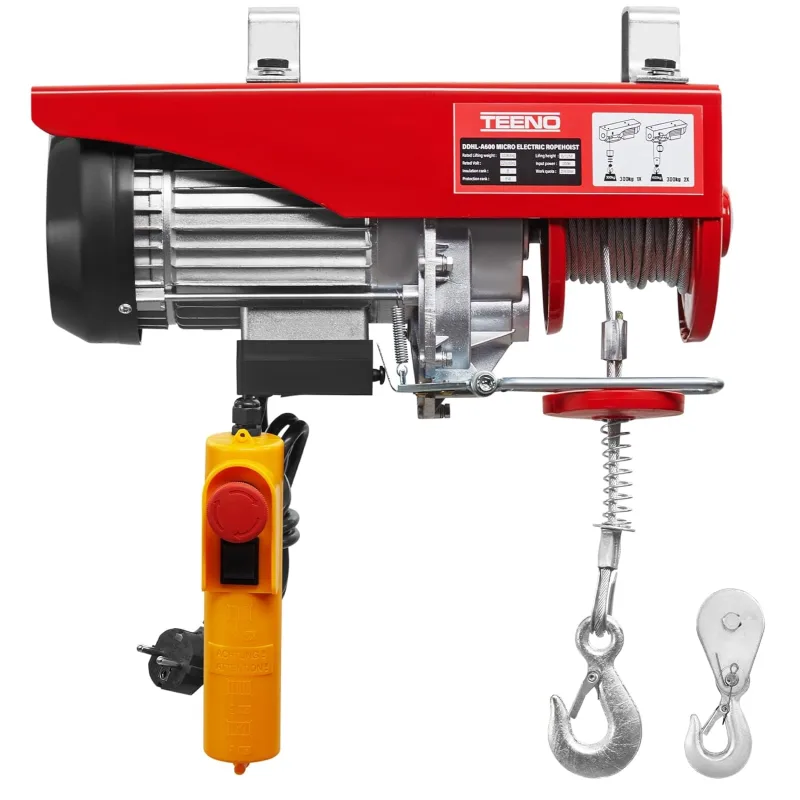 TEENO Electric Rope Hoist 1450 W 220 V,Electric Winch 6 m/12 m Lifting Height,Load Capacity 400-800 kg,Warehouses, Goods Lift,Red