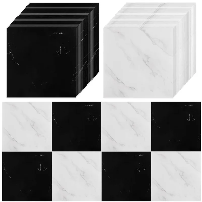 30x30CM PVC Self Adhesive Floor Tiles Kitchen Self Adhesive Floor Tiles for Living Room Bathroom 3.6m2/40 Tiles, Black and White Marble