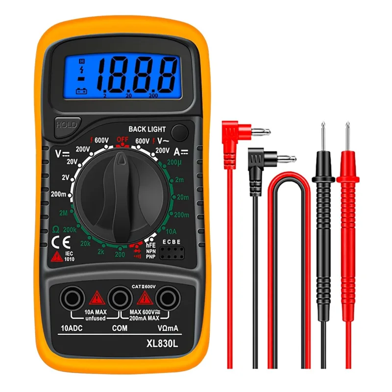 Multímetro Digital Profesional, Tester Eléctrico con Pantalla Retroiluminada, Medición AC/DC de Voltaje y Corriente, Continuidad, Diodos y Transistores HFE, Funda protectora
