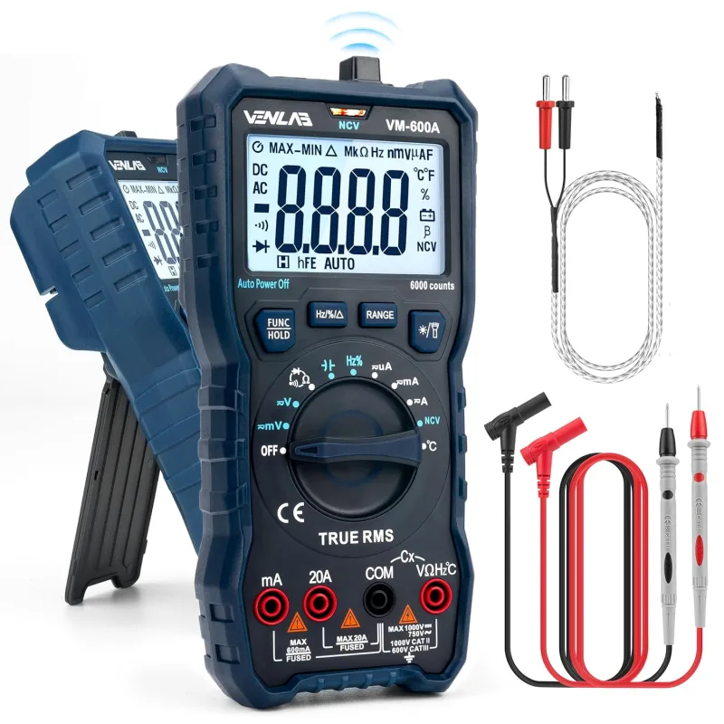 Multímetro digital VENLAB, Polimetro TRMS 6000 cuentas,Voltimetro, Mide Voltaje y Corriente CC/CA, Resistencia, Diodo, Continuidad, Ciclo de trabajo, Capacitancia y Temperatura, VM-600A
