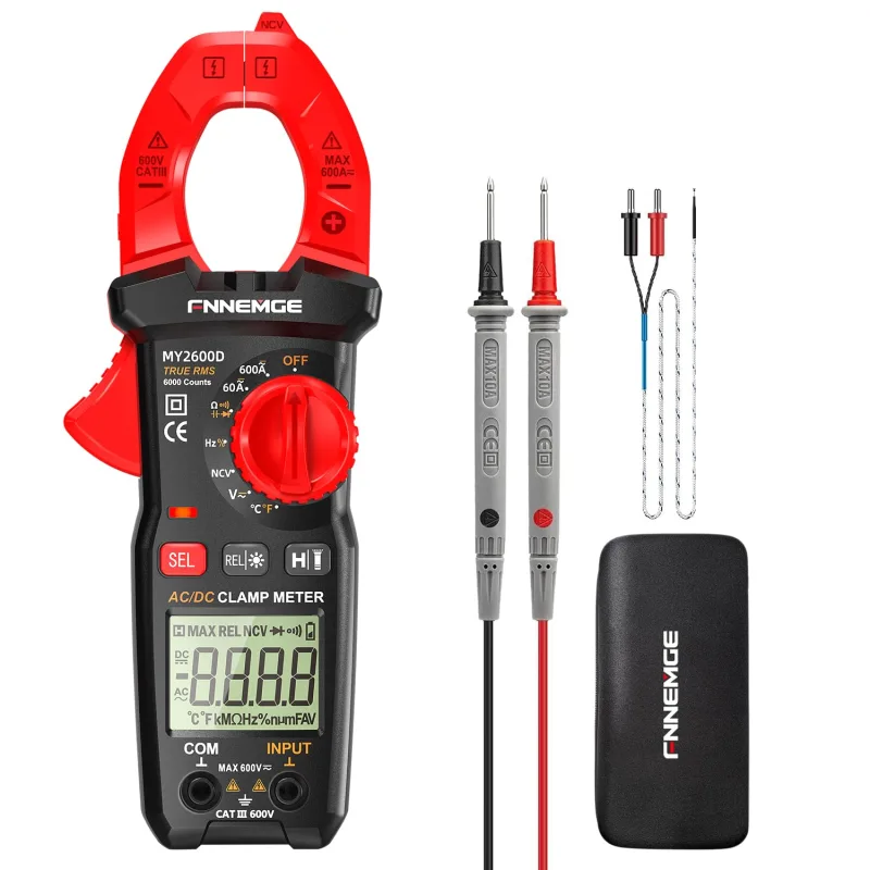 Pinza Amperimétrica Digital DC/AC: 0-600A, Multímetro Valor Eficaz Real 6000 Cuentas, Medición NCV Corriente Alterna/Corriente Continua, Voltaje, Resistencia, Capacitancia, Temperatura