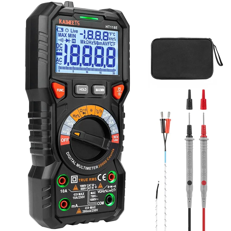 KAIWEETS HT118E Professional Digital Multimeter 20000 Counts, Autorango Polymeter for Measuring AC/DC Current and Voltage, NCV, Capacitance, Continuity, Resistance, Temperature, Diode, Live