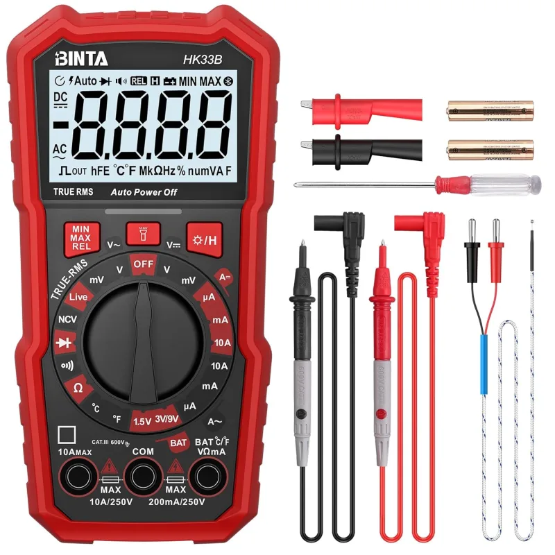 BINTA Multímetro Digital 2000 Cuentas Polimetro Digital, Mide Tensión CA/CC, corriente CA/CC,Temperatura, Prueba de Diodos, Continuidad, Resistencia con Cables de Prueba