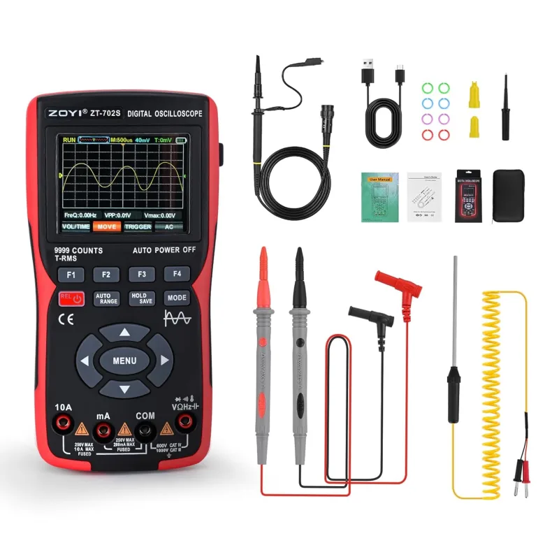 2 in 1 Digital Oscilloscope Multimeter, 10Mhz Automotive Oscilloscope, 48 MSa/s Sampling Speed, Digital Multimeter 9999 Count, AC/DC Voltage Measurement, Resistance, Continuity