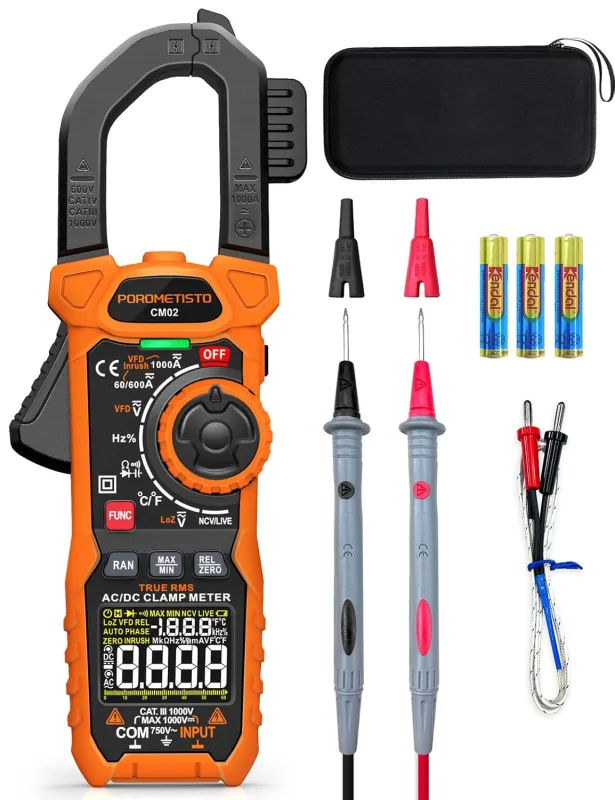 Clamp Meter, True RMS 6000 Counts 1000A AC/DC Professional Clamp Meter with VFD Mode, LOZ, Professional Digital Multimeter measures current, voltage, frequency, temperature and capacitance.