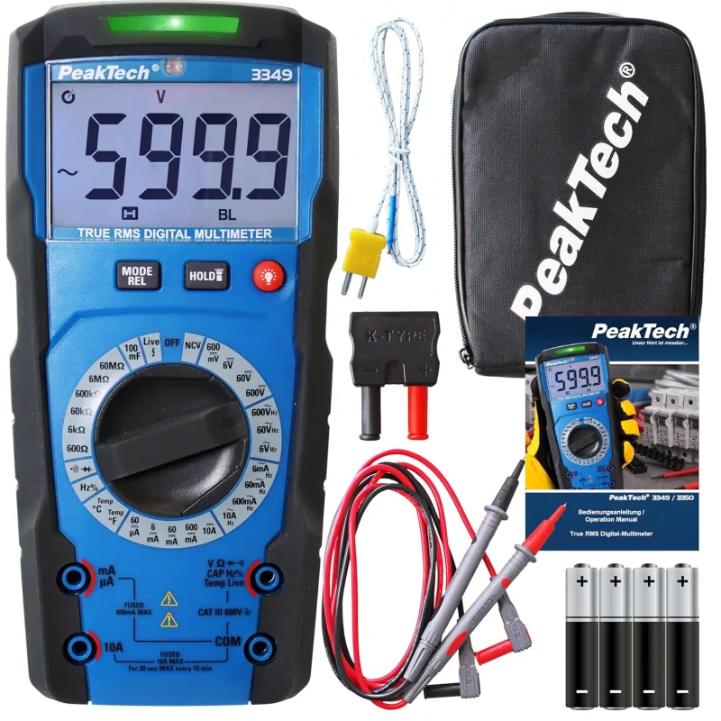 PeakTech 3349 - True RMS Multimeter mit Digital Anzeige Strommessgerät mit 6000 Counts Profi-Messgerät für Elektriker 10A AC/DC - CAT III 600V, manuelle Bereichswahl