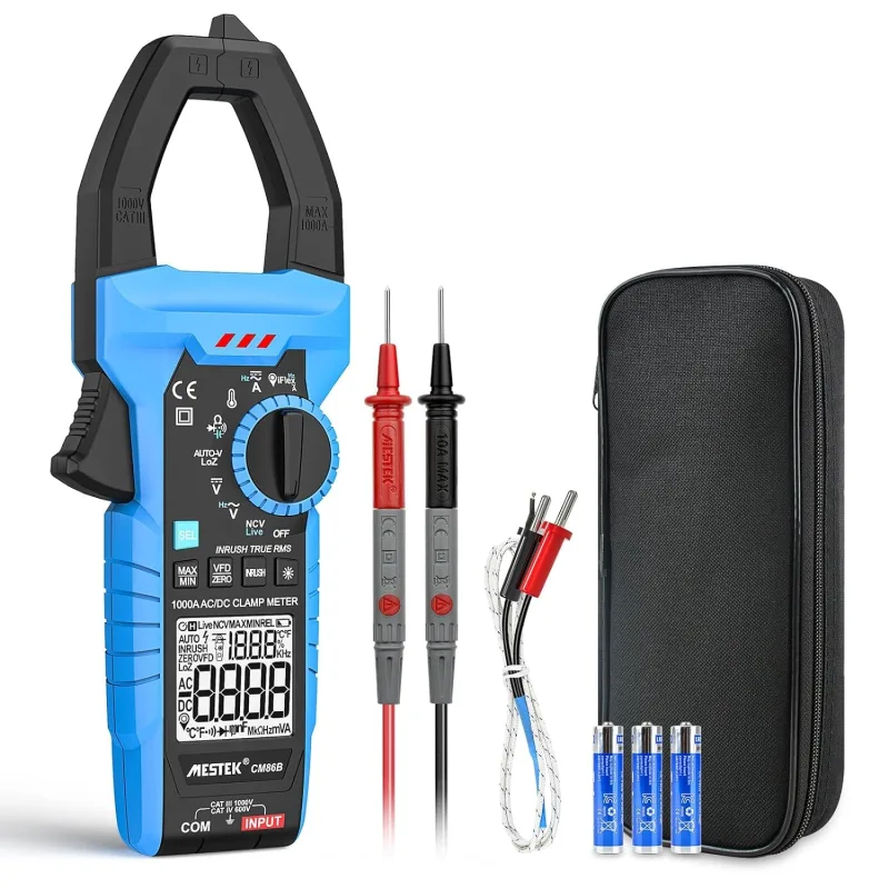 Clamp Meter 1000A AC/DC Ammeter MESTEK InRush Clamp Meter T-RMS Measure Current Voltage Temperature Resistance Capacitors Frequency with VFD Mode, LOZ 6,000 Counts