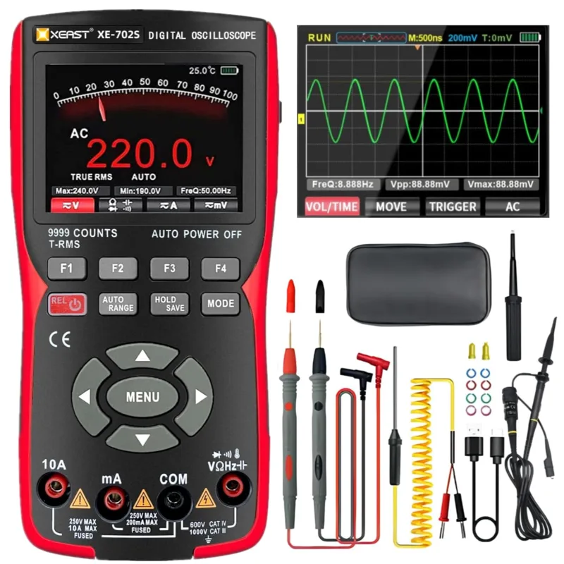 LED Handheld Oscilloscope, Digital Multimeter 9999 Counts with K Probe Pyrometer, 10MHz Bandwidth, 48MSa/s Sampling, Automatic DC/AC Calibration Function