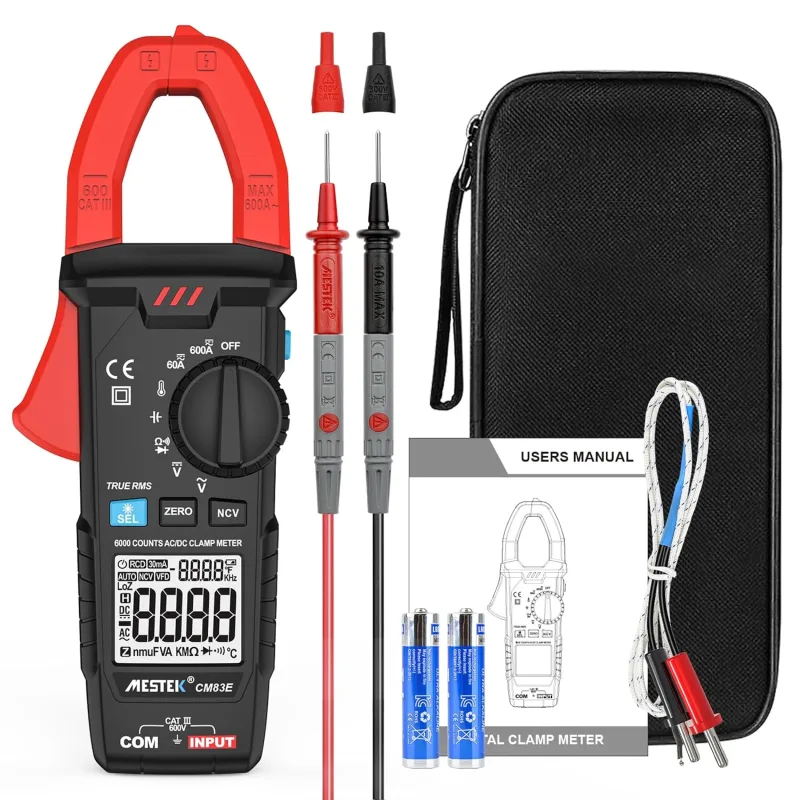 MESTEK AC/DC Amperimetric Clamp Digital Multimeter Polymeter Voltmeter Ammeter 6000 Counts T-RMS Autorange Tester for Current Voltage Resistance Continuity Temperature Diode Battery NCV