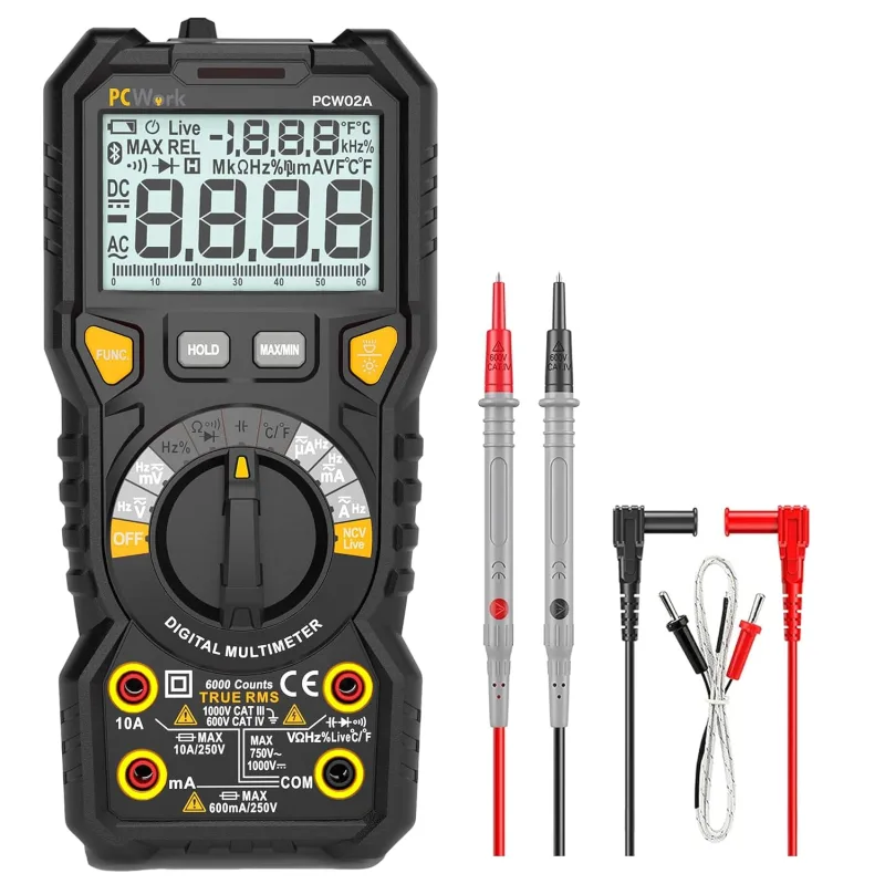 PCW02A Professional Digital Multimeter 1000V TRUE RMS Large LCD Display Auto Range Illuminated LED Sockets Current Meter Voltage Meter Continuity Tester Meter