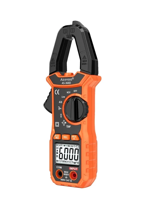 AC/DC Clamp Meter, 6000 Counts Multimeter Clamp for Measuring AC/DC Voltage & Current, Temperature, Continuity, NCV, Diode, with Flashlight, Backlight, D-Shape Jaw