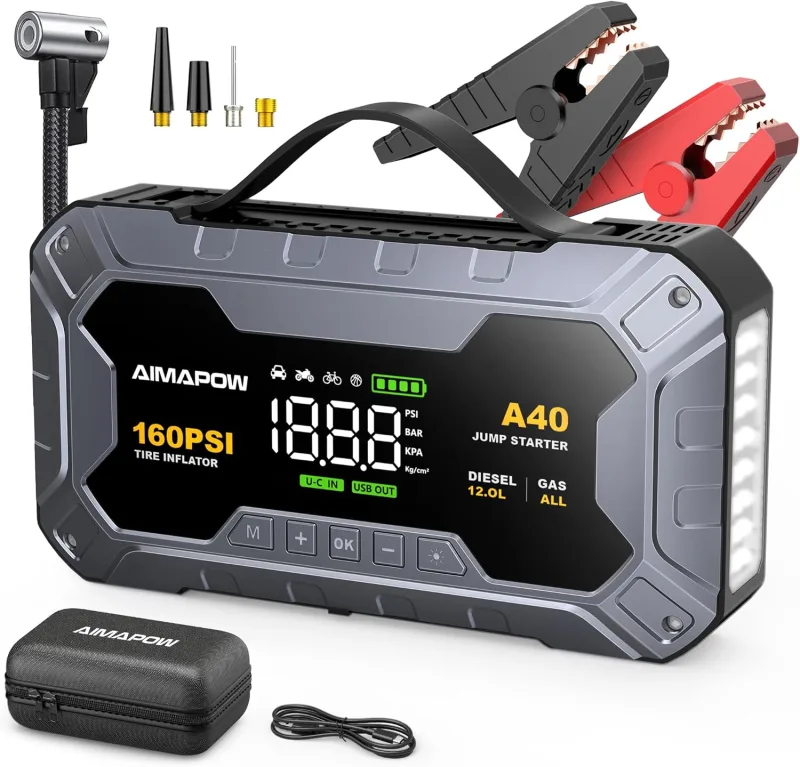 AIMAPOW Arrancador de Coches 8000A con Compresor, 160PSI Inflador de Neumáticos, Jump Starter 12V, Arrancador de Baterias de Coche(Todo Gasolina o 12L Diésel), Pantalla LCD, Luz de Emergencia
