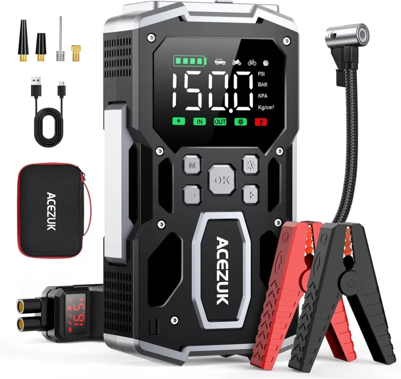 Arrancador de Batería de Coche 8000A, Compresor de Aire 150PSI, 26800mAh Arrancador de Coches para Vehículo(Toda Gasolina o 10L Diésel), 12V Jump Starter con 400-Lumen LED