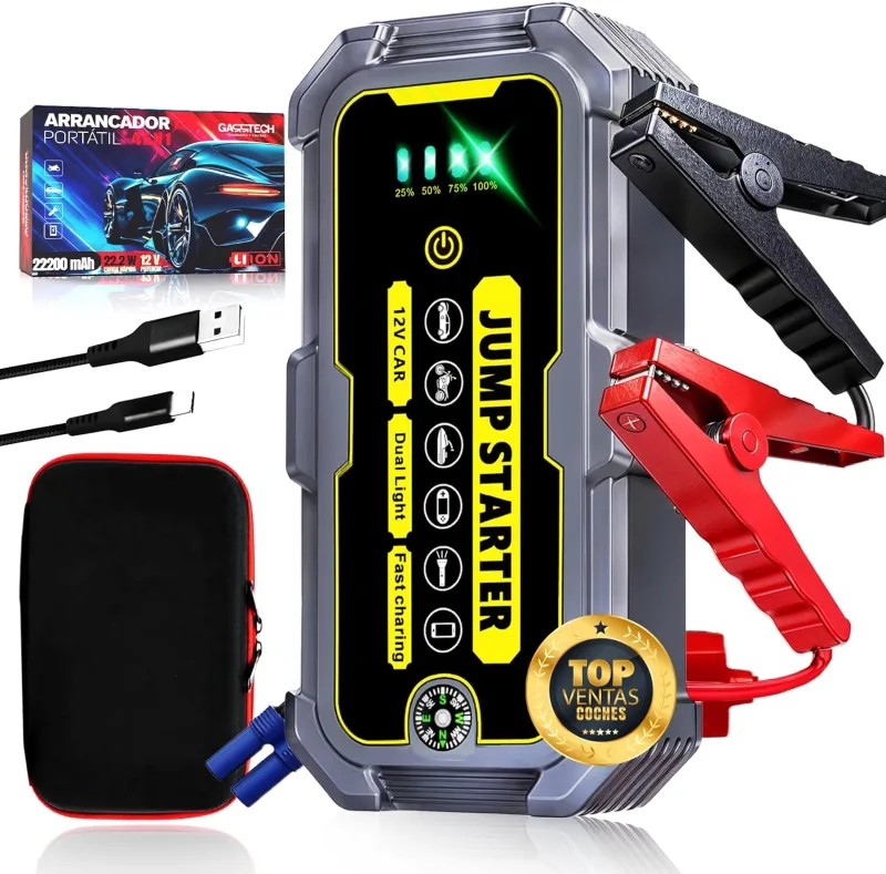 GARRTECH® Super Arrancador De Baterias De Coche 8000A Ultra RÁPIDO | Arrancador De Coches 12V para Motor 10L Gas o 9.0L Diésel | Arrancador De Coches Portatil con Pinzas | Linterna Led De Emergencia