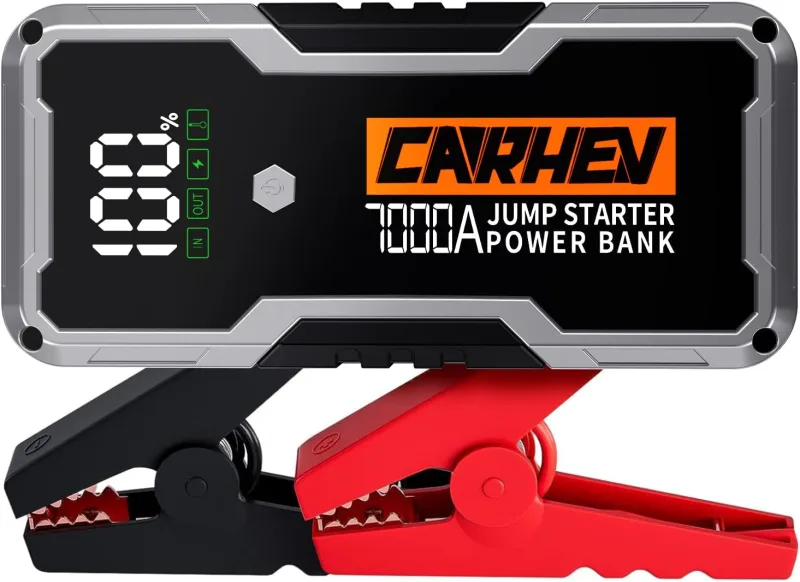 Arrancador de Coches 7000A, 12V Arrancador de Bateria de Coche Portátil Compatible con Motores de Gasolina y diésel de hasta 10 litros, Jump Starter con Linterna LED y Pinzas bateria Coches
