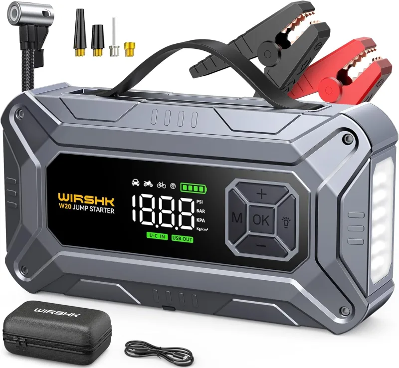Arrancador de Coche con Compresor de Aire, 8000A 160PSI Arrancador Portátil para Baterías (8.0L Gasolina/10L Diésel), Batería Externa 12V con Cables de Arranque, Pantalla LCD, 2 LED