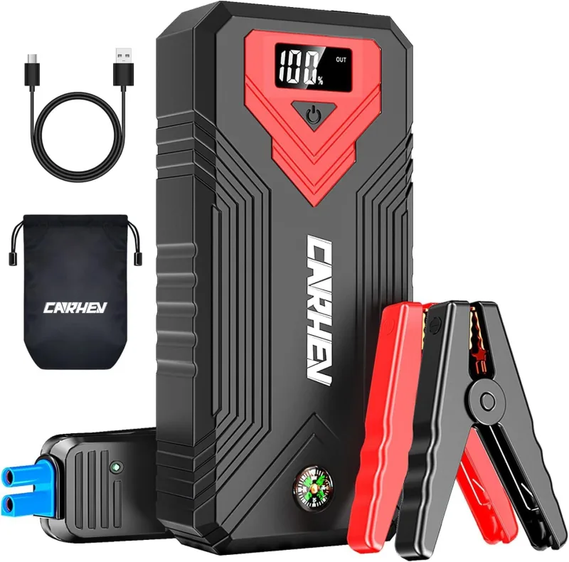 Arrancador de Coches 4000A, 12V Arrancador de Baterias de Coche Portátil (hasta 8,0L de Gas o 8,0L de Diésel), Car Jump Starter con Linterna LED y Pinzas bateria Coches