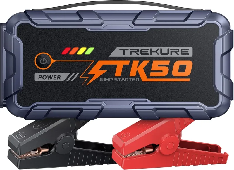 TREKURE Arrancador de Baterias de Coche 8000A (12L Diésel y Todo Gasolina), Arrancador de Coche Portátil con 18W Carga Rápida, 12V Jump Starter con Pinzas Reforzadas y 800 LM Linterna LED