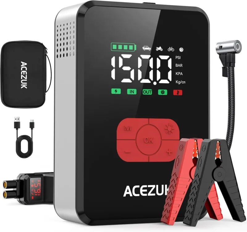 7000A Arrancador de Baterias de Coche con 150PSI Compresor de Aire, Arrancador Coche Portatil con Inflador(Todo Gas o 12.0L Diésel), 12V Jump Starter, Pantalla Grande LCD, 600 Lúmenes LED
