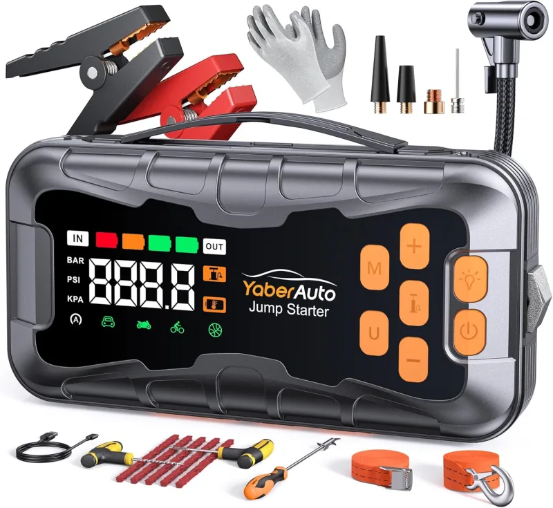 Arrancador de Bateria de Coche 8000A, 16-en-1 YaberAuto Arrancador de Coche Portatil (Todo Gas/Diésel 14L) con Compresor de Aire 160PSI, Kit de Emergencia Multifunción con Guantes Aislantes