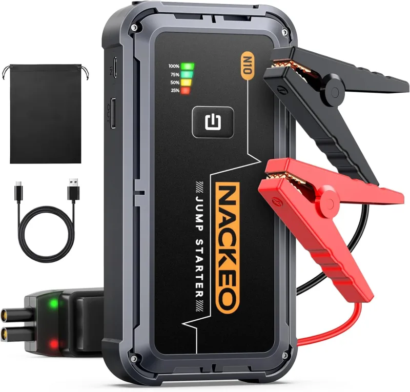 Arrancador de Coches, 5000A Arrancador de Baterias de Coche 12V (para 9.0L de Gasolina o 8.5L de Diésel), Jump Starter Portátil con Pinzas, Carga Rápida, Luz LED, Espera Larga, Compacto (5000A)