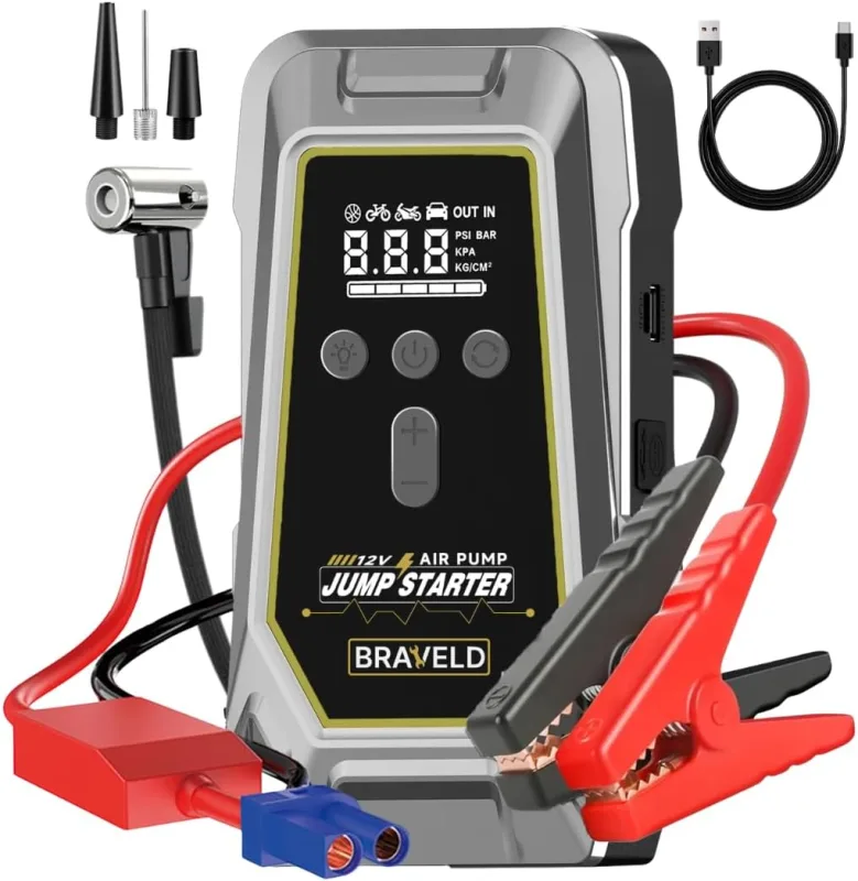 Arrancador de Coches 6000A con Compresor, Powerbank y Linterna LED – 4 en 1 BRAVELD | 150 PSI, 10.000mAh, para Coches, Motos y Emergencias